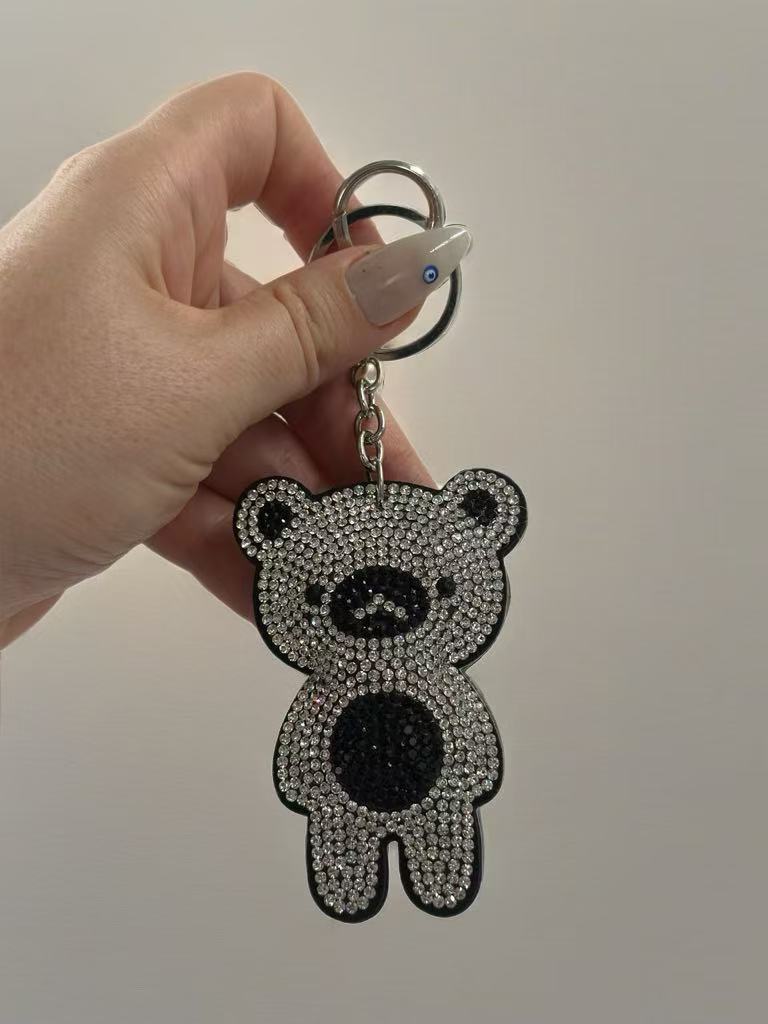 Crystal Rhinestone Bear Keychain – Sparkling Teddy Charm in Black & Silver