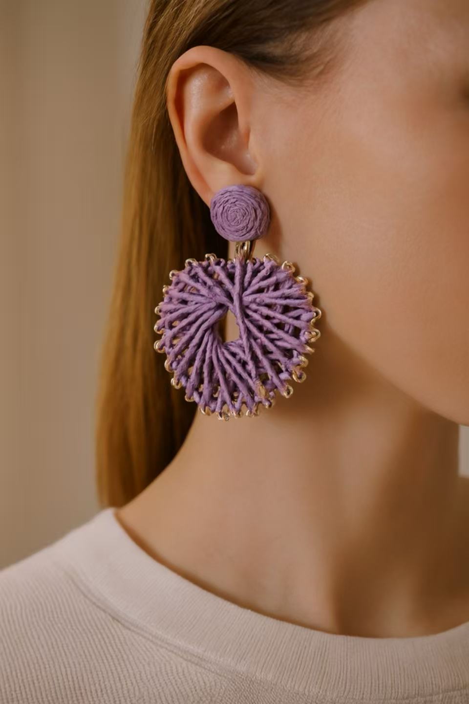 Lavender Woven Starburst Raffia Earrings