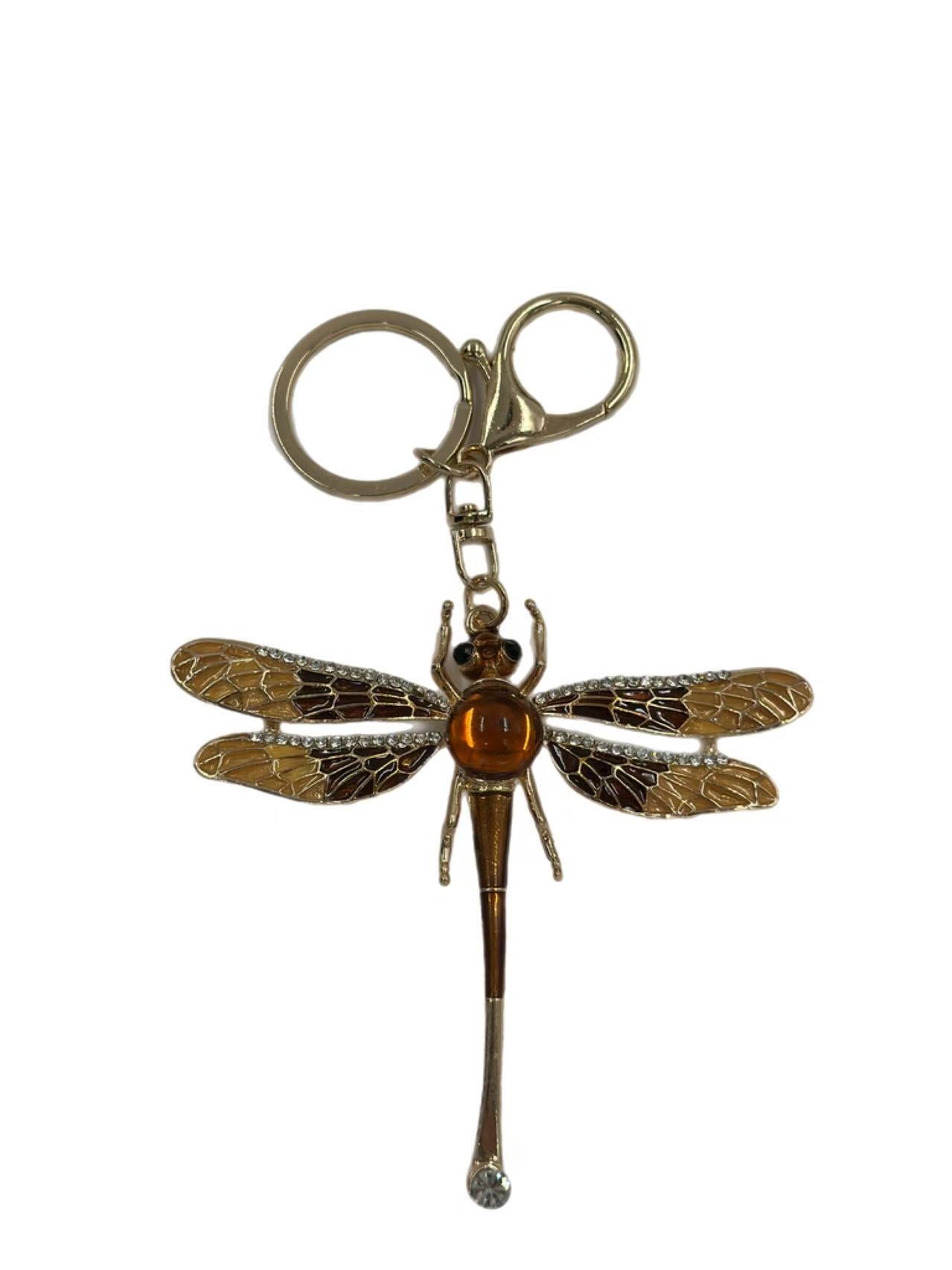 Elegant Dragonfly Keychain – Gold-Tone Insect Charm with Amber Accent