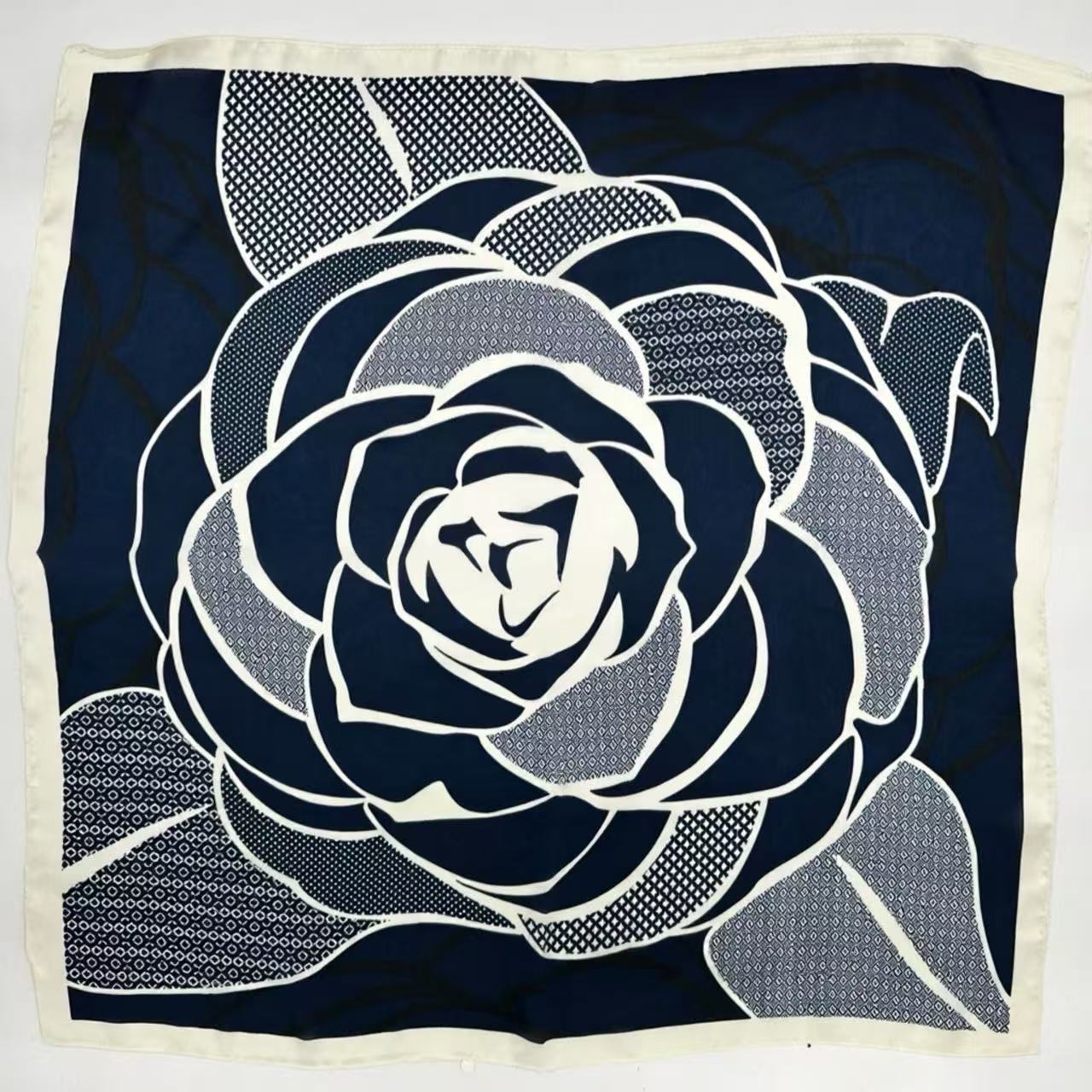 Navy Blue Floral Graphic Scarf with Bold Rose Motif