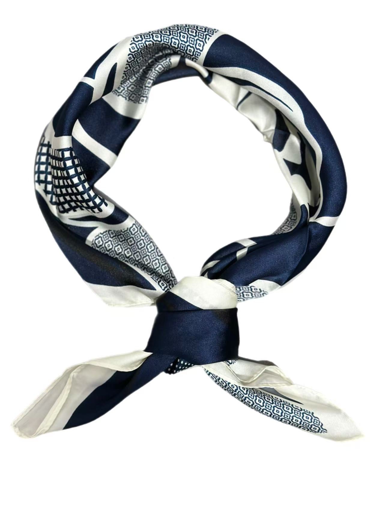 Navy Blue Floral Graphic Scarf with Bold Rose Motif