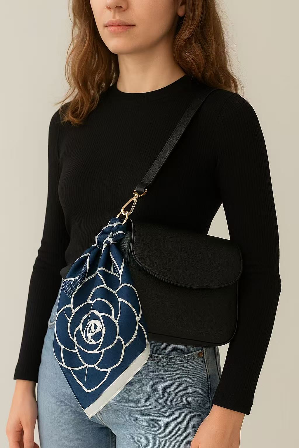 Navy Blue Floral Graphic Scarf with Bold Rose Motif