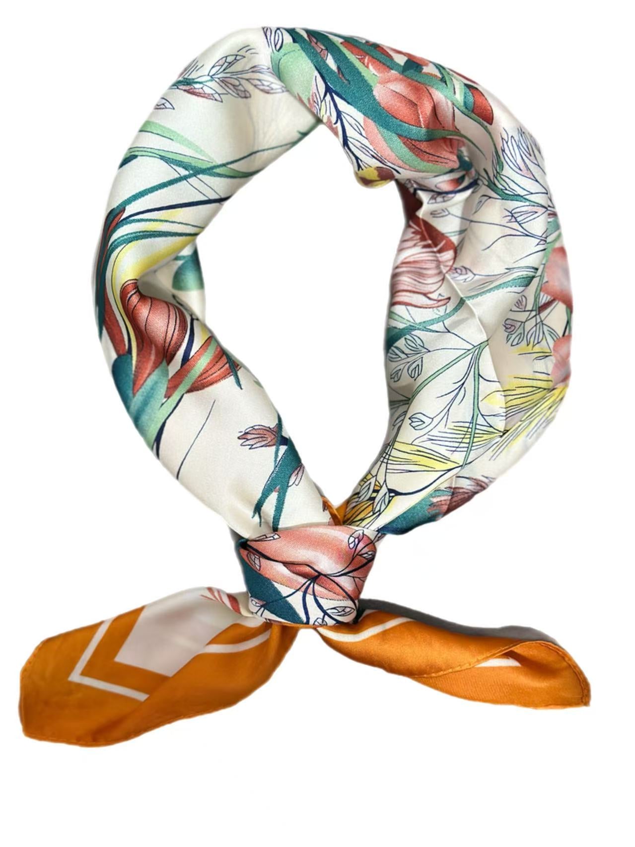 Vibrant Spring Floral Scarf with Orange Border