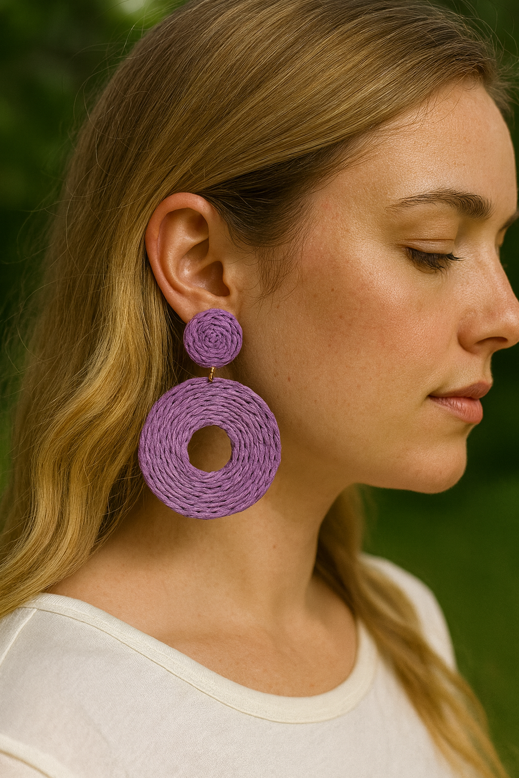 Lavender Raffia Circle Statement Earrings