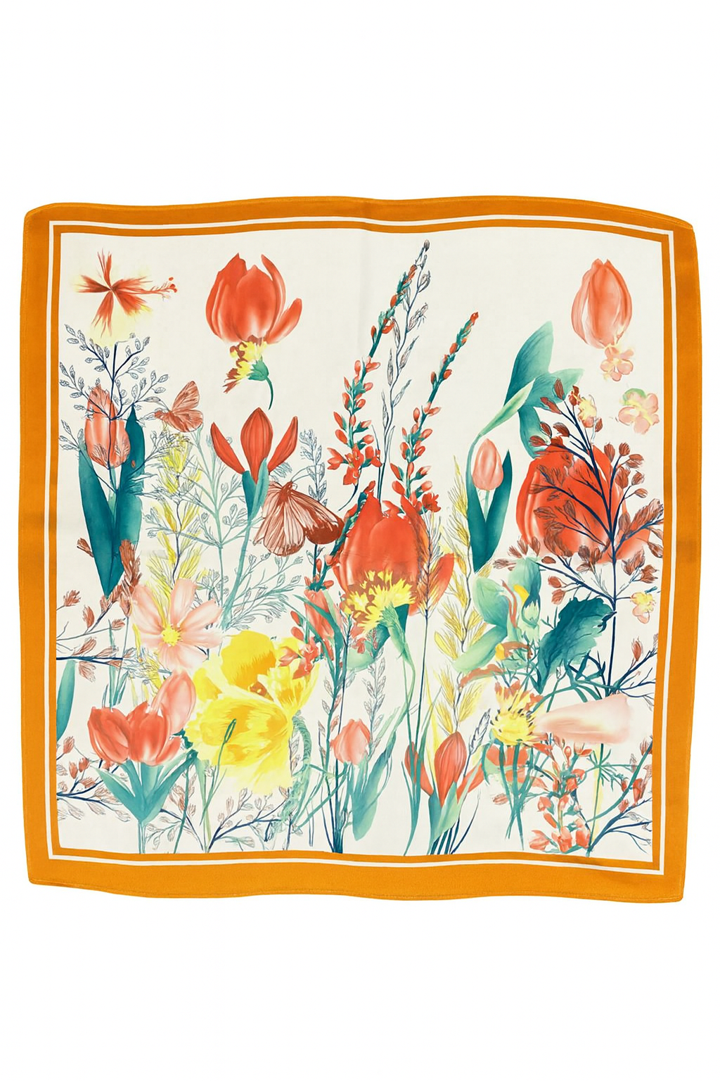 Vibrant Spring Floral Scarf with Orange Border