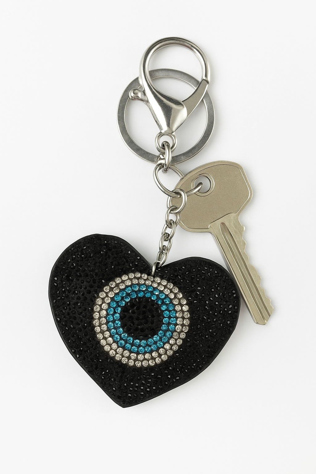 Heart-Shaped Evil Eye Keychain with Rhinestones – Black & Blue Crystal Bag Charm