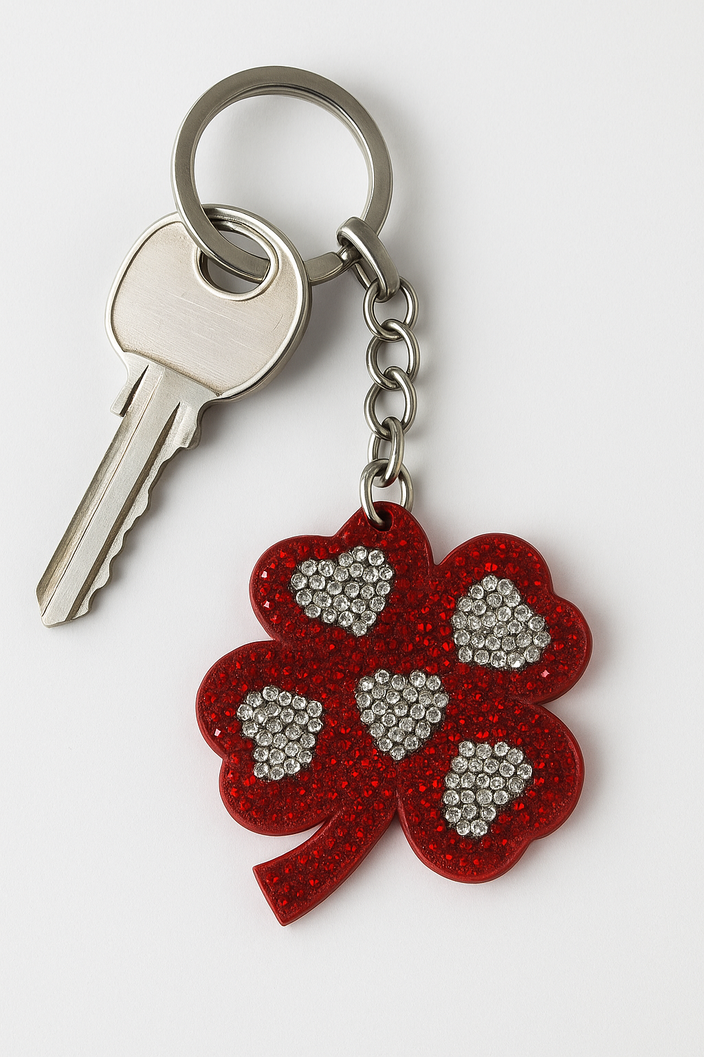 Red Crystal Four-Leaf Clover Keychain with Heart Accents