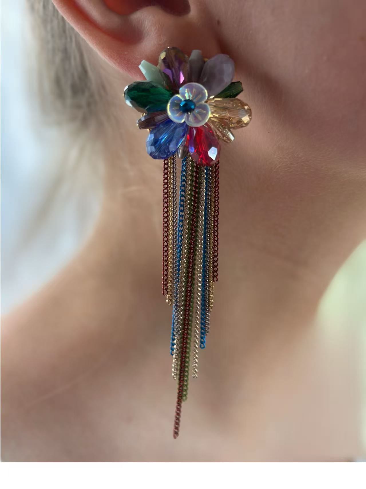 Colorful Flower Drop Earrings with Chain Fringes