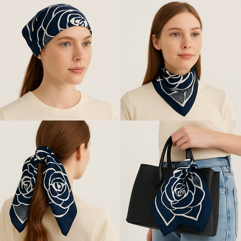 Navy Blue Floral Graphic Scarf with Bold Rose Motif