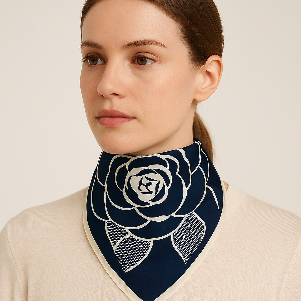 Navy Blue Floral Graphic Scarf with Bold Rose Motif
