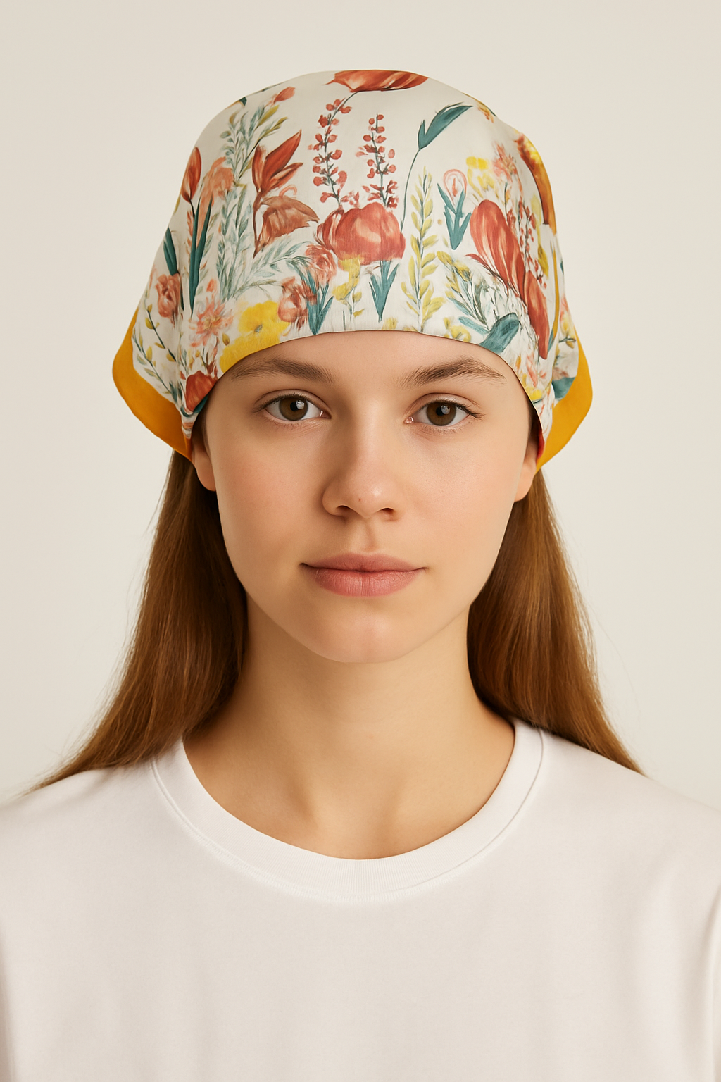 Vibrant Spring Floral Scarf with Orange Border