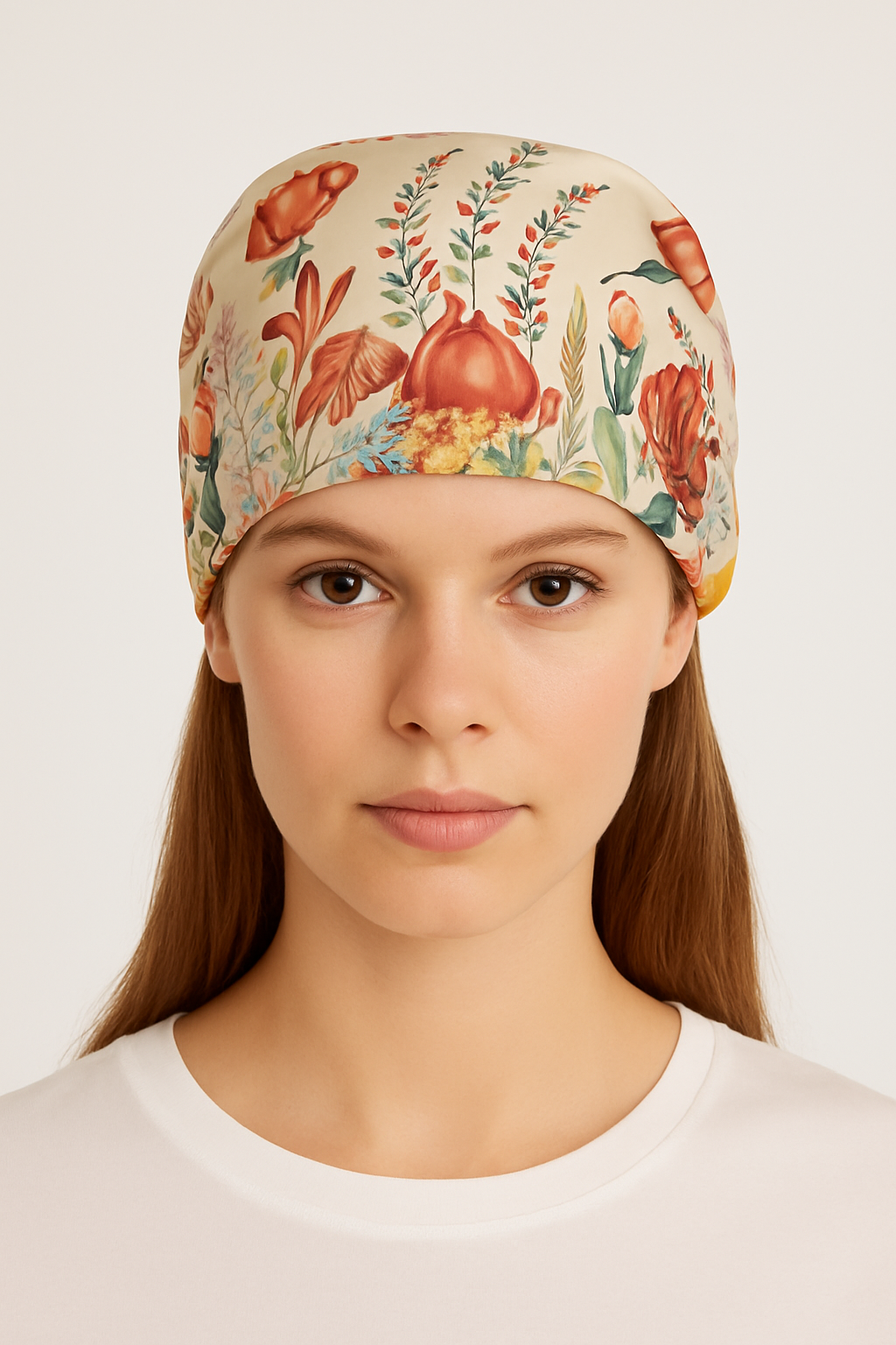 Vibrant Spring Floral Scarf with Orange Border