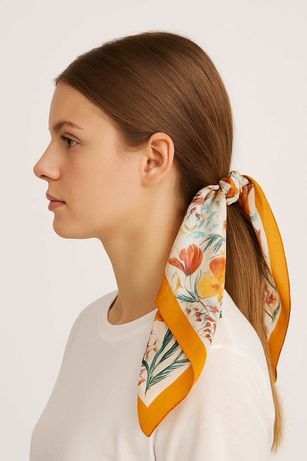Vibrant Spring Floral Scarf with Orange Border