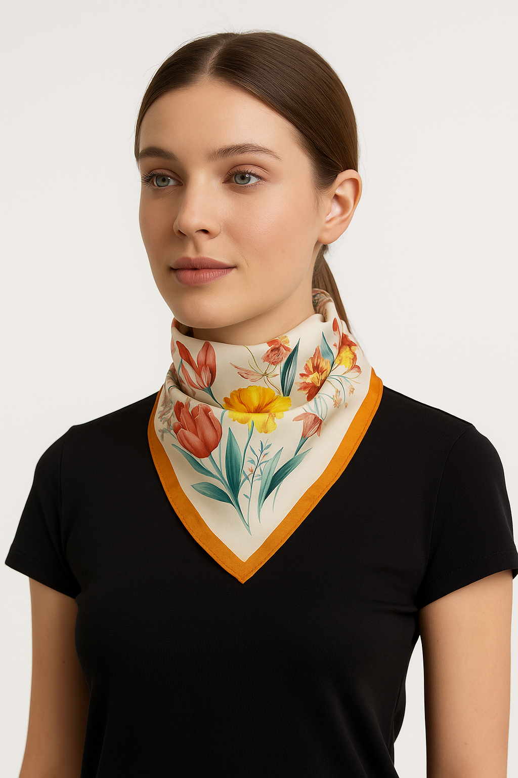 Vibrant Spring Floral Scarf with Orange Border