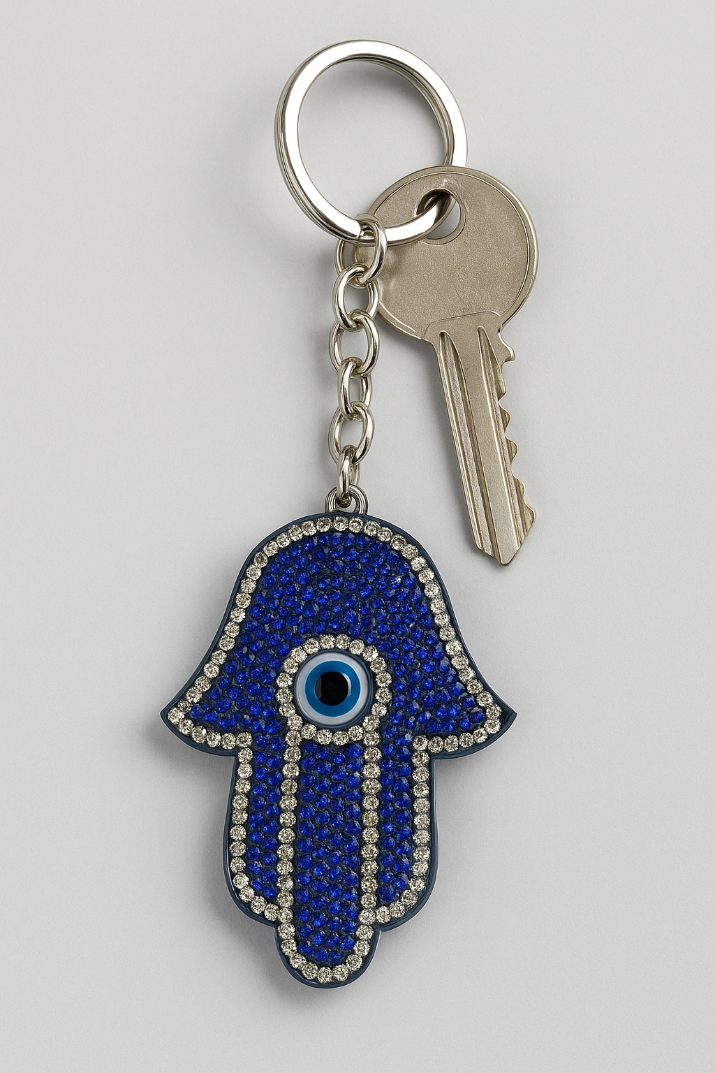 Crystal Hamsa Hand Keychain – Sparkling Blue Rhinestone Evil Eye Protection Charm & Key Ring