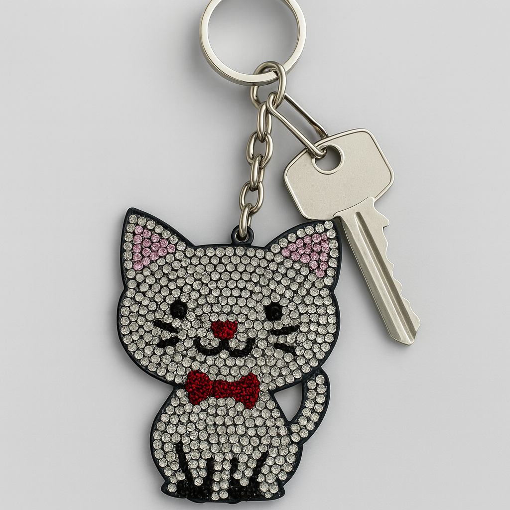 Crystal Rhinestone Cat Keychain – Sparkling Kitty Charm with Red Bow Tie