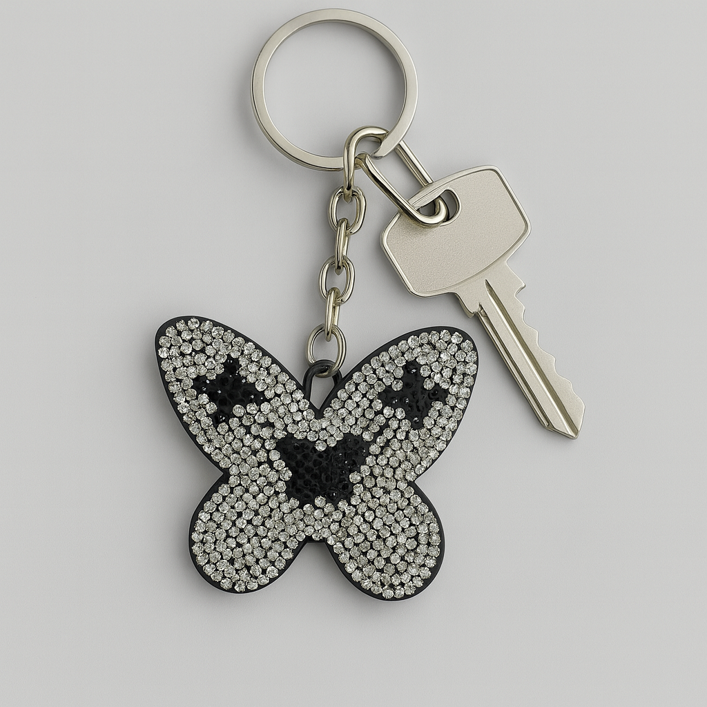 Elegant Rhinestone Butterfly Keychain – Black & Silver Crystal Design