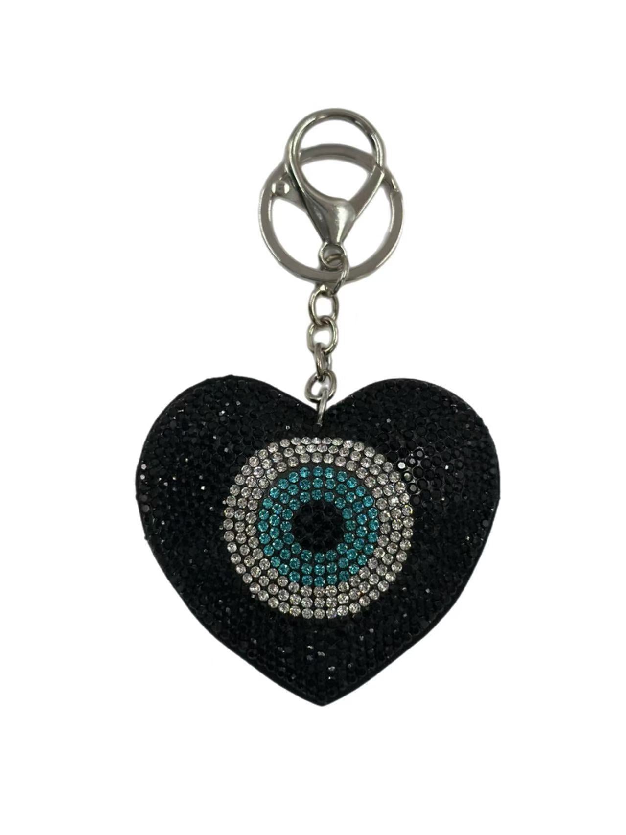 Heart-Shaped Evil Eye Keychain with Rhinestones – Black & Blue Crystal Bag Charm