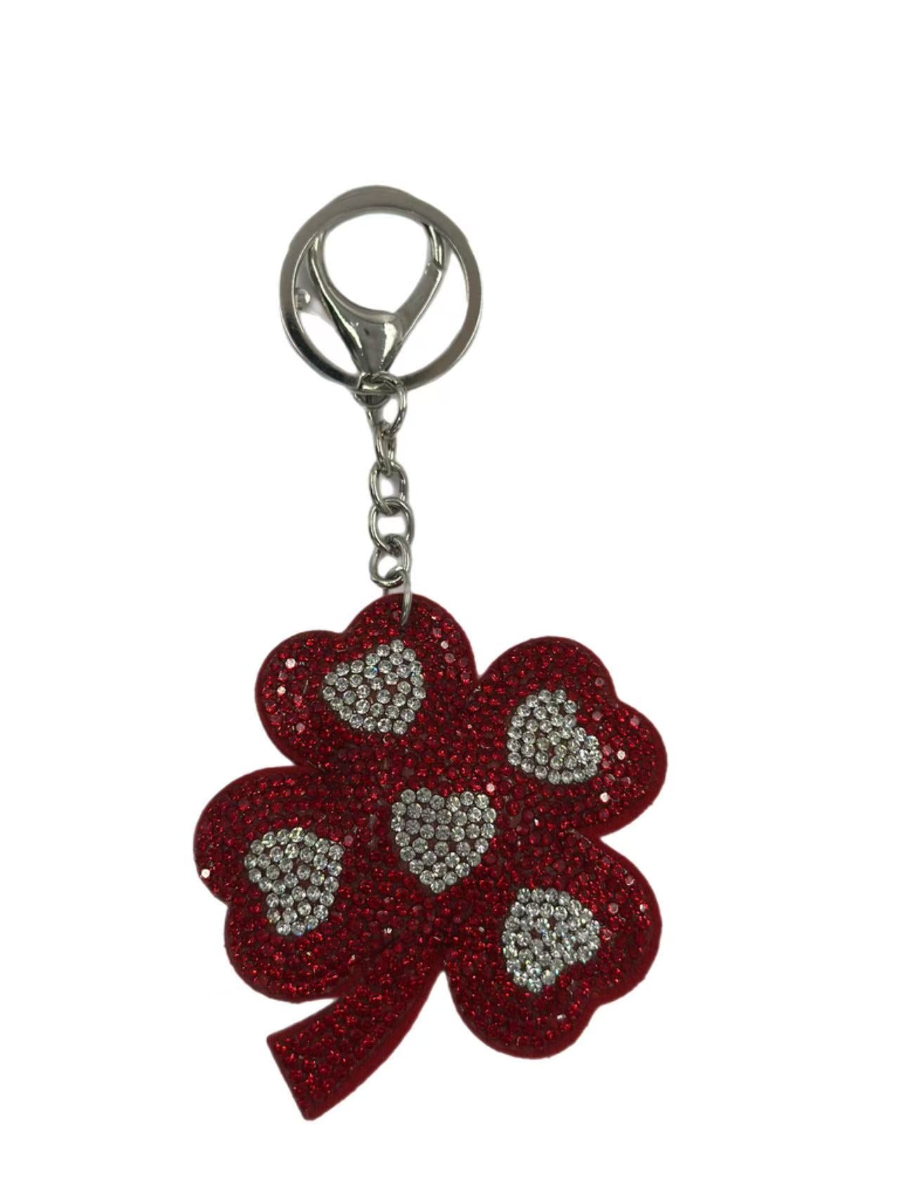 Red Crystal Four-Leaf Clover Keychain with Heart Accents