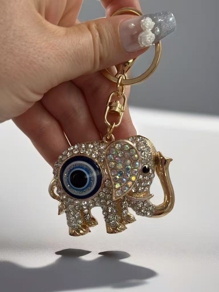 Crystal Elephant Evil Eye Keychain – Lucky Charm & Protection Amulet