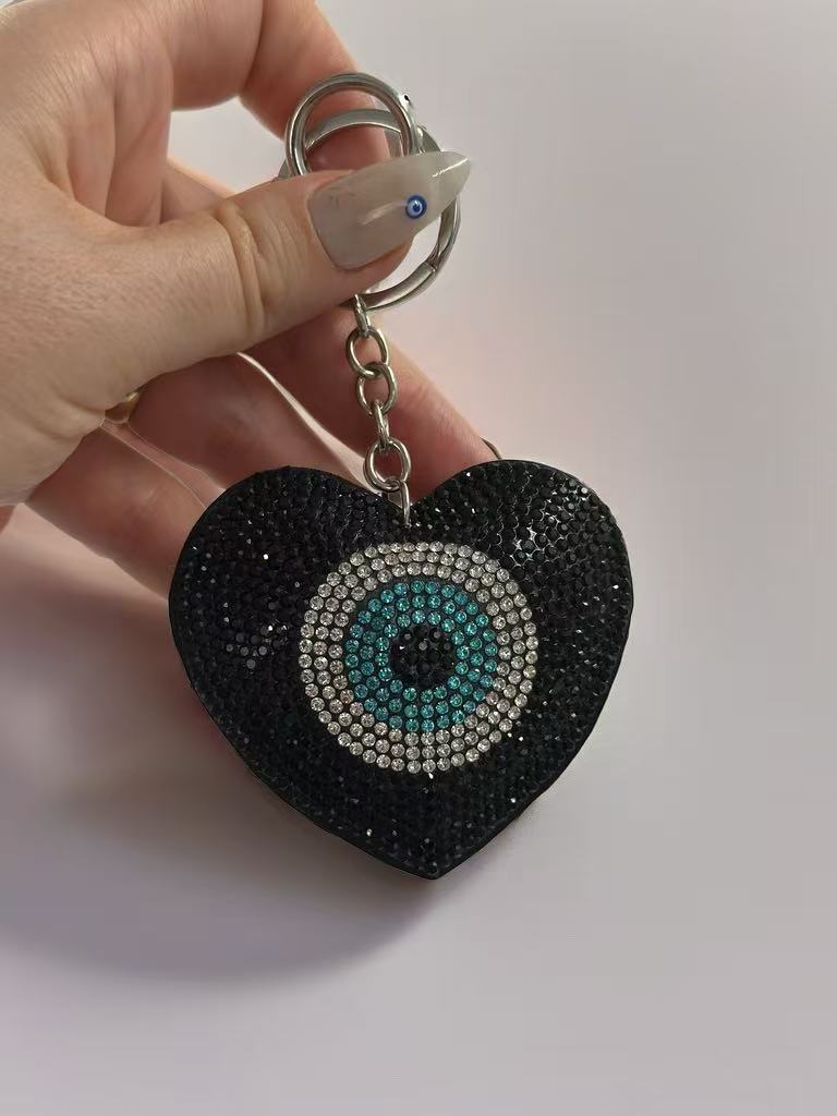 Heart-Shaped Evil Eye Keychain with Rhinestones – Black & Blue Crystal Bag Charm