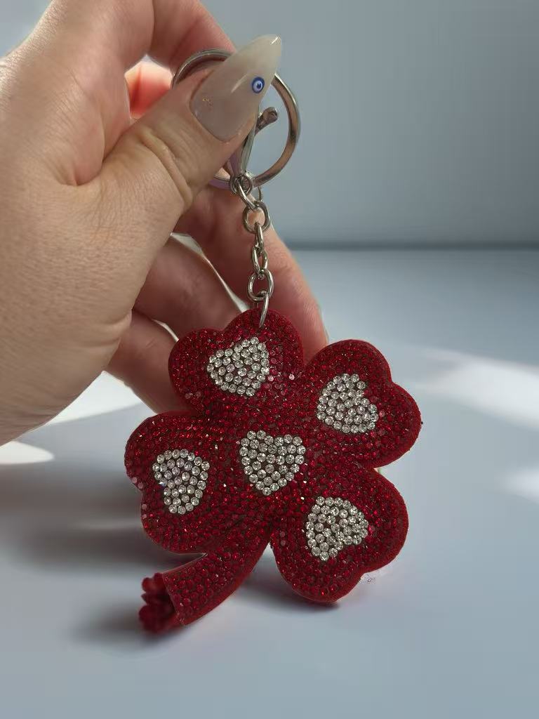 Red Crystal Four-Leaf Clover Keychain with Heart Accents