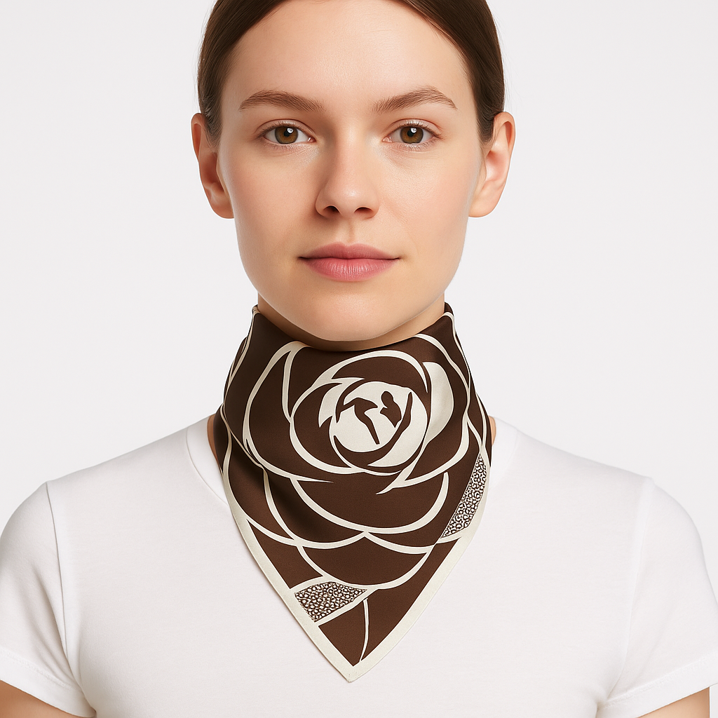 Bold Brown Rose Graphic Scarf with White Accents