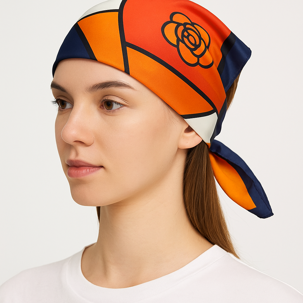 Geometric Floral Pattern Scarf in Orange, Red, and White