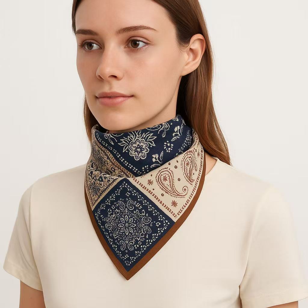Patchwork Paisley and Floral Print Square Scarf in Navy and Beige