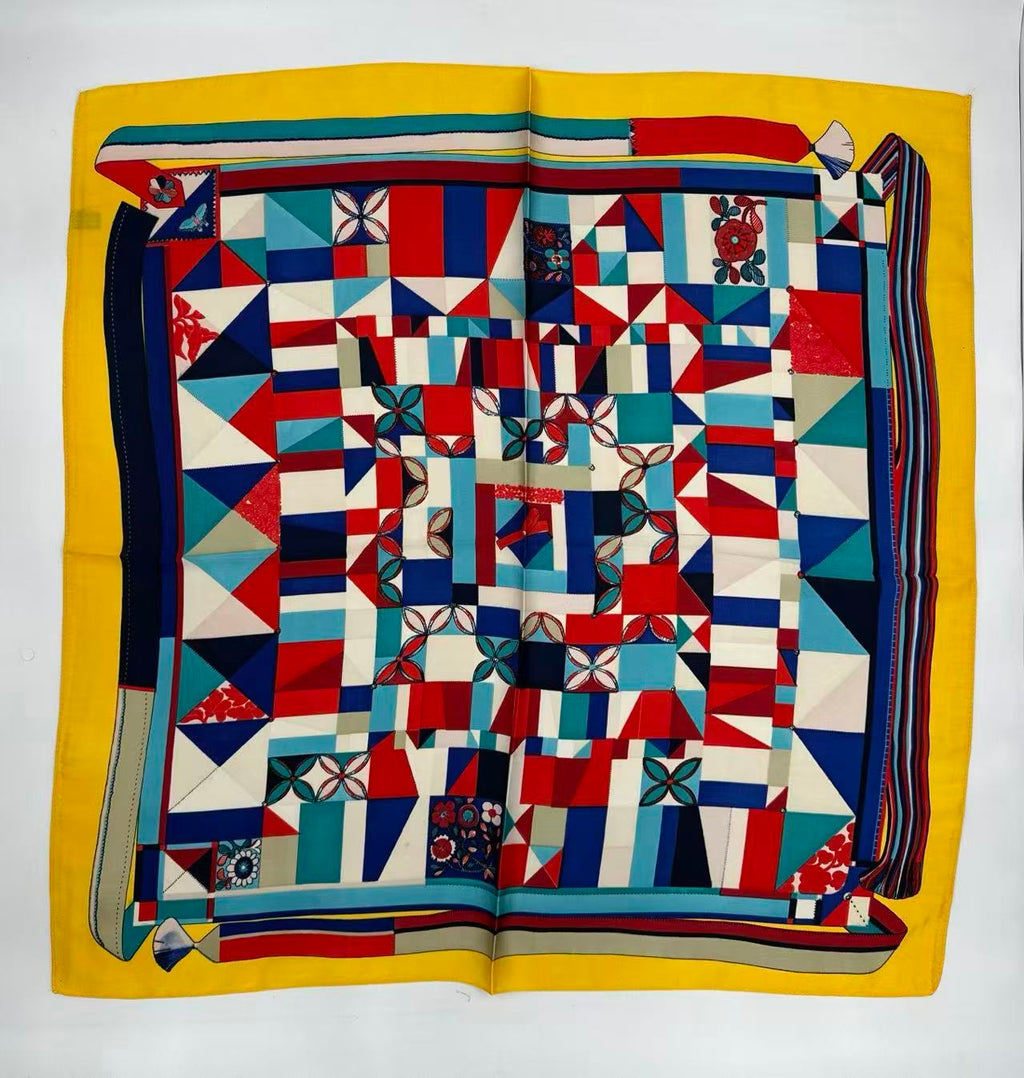 Vibrant Geometric Patchwork Scarf with Yellow Border