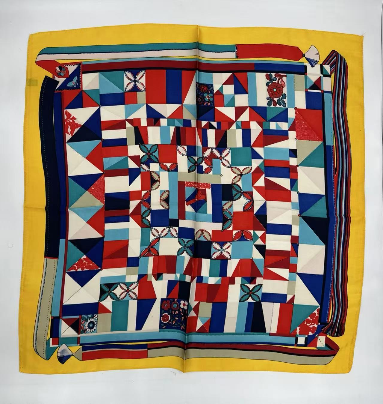 Vibrant Geometric Patchwork Scarf with Yellow Border