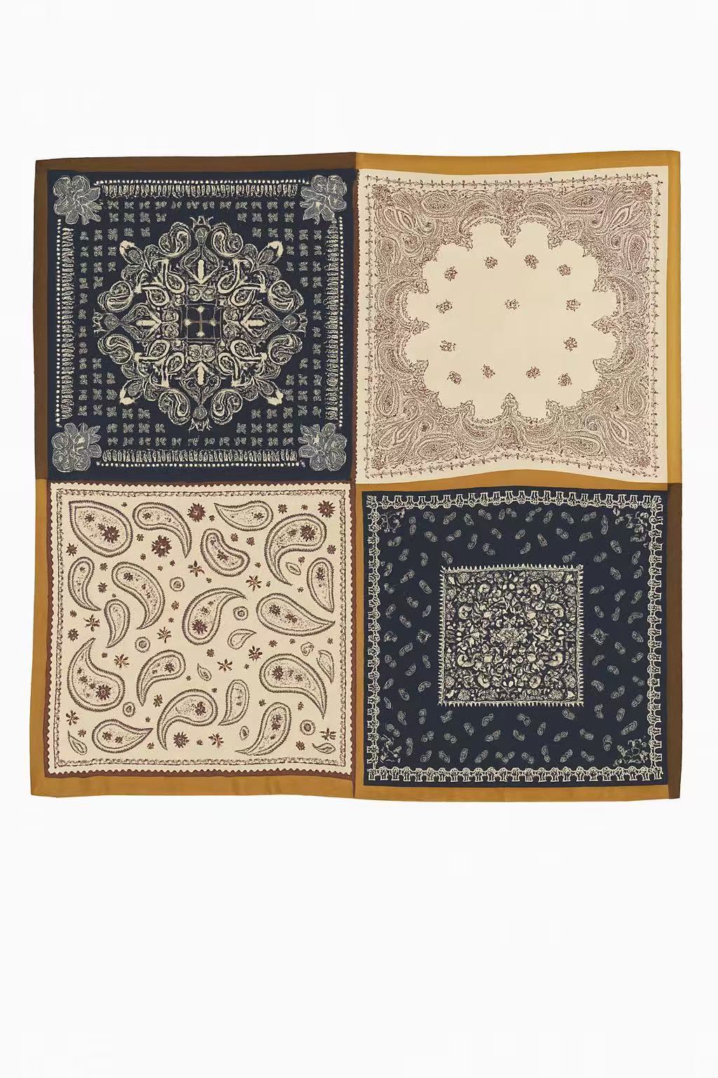 Patchwork Paisley and Floral Print Square Scarf in Navy and Beige