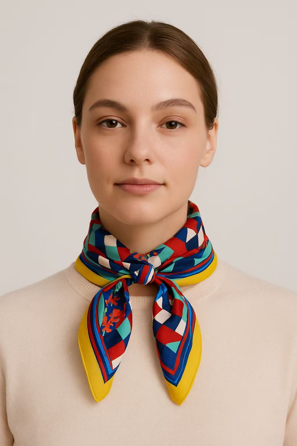 Vibrant Geometric Patchwork Scarf with Yellow Border