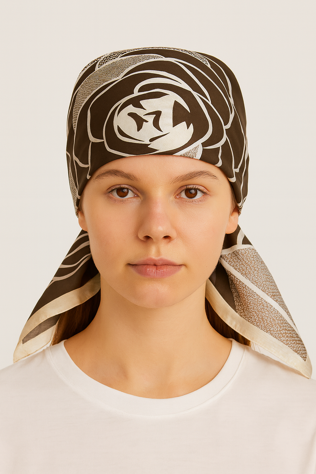 Bold Brown Rose Graphic Scarf with White Accents