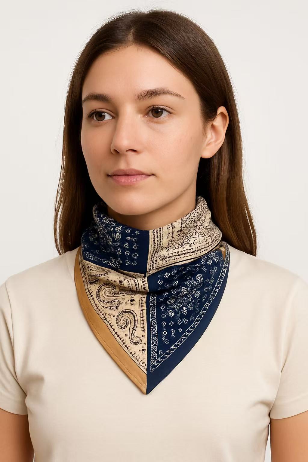 Patchwork Paisley and Floral Print Square Scarf in Navy and Beige