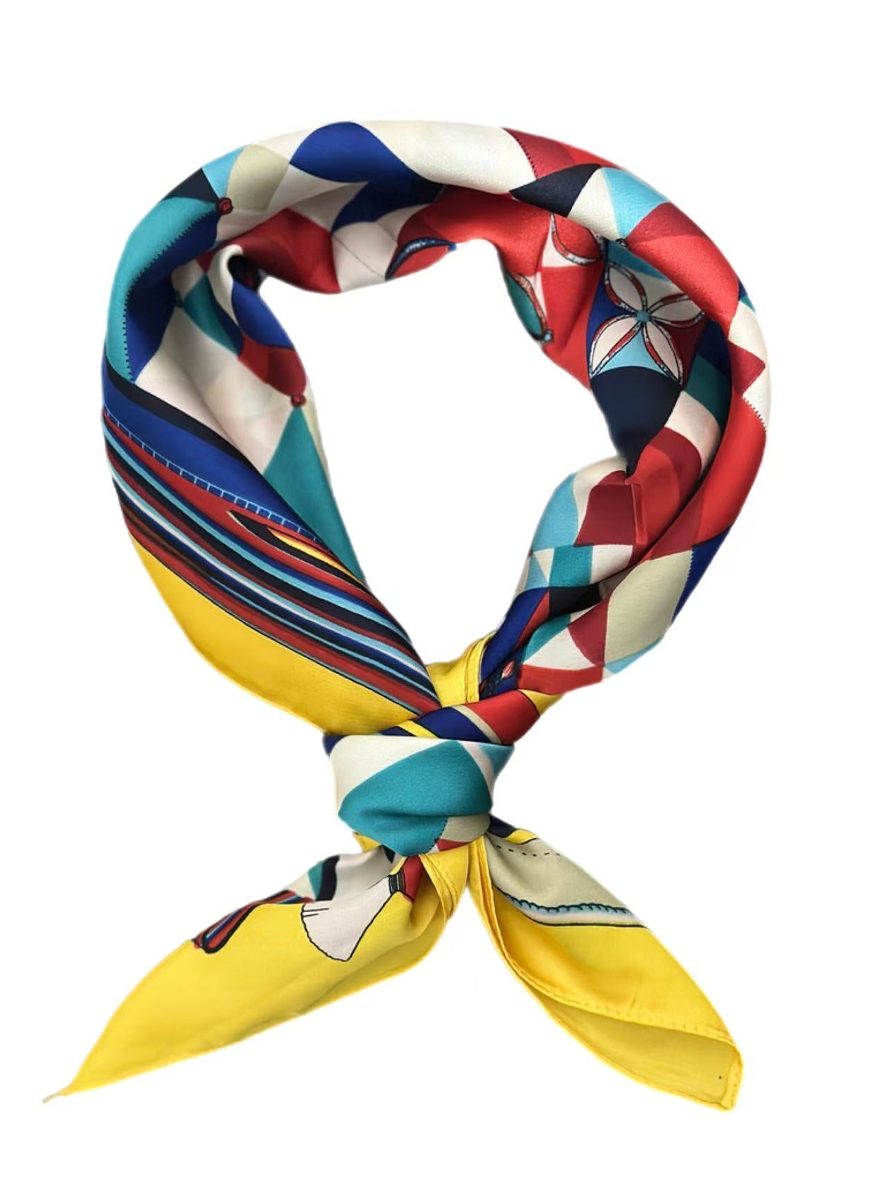 Vibrant Geometric Patchwork Scarf with Yellow Border