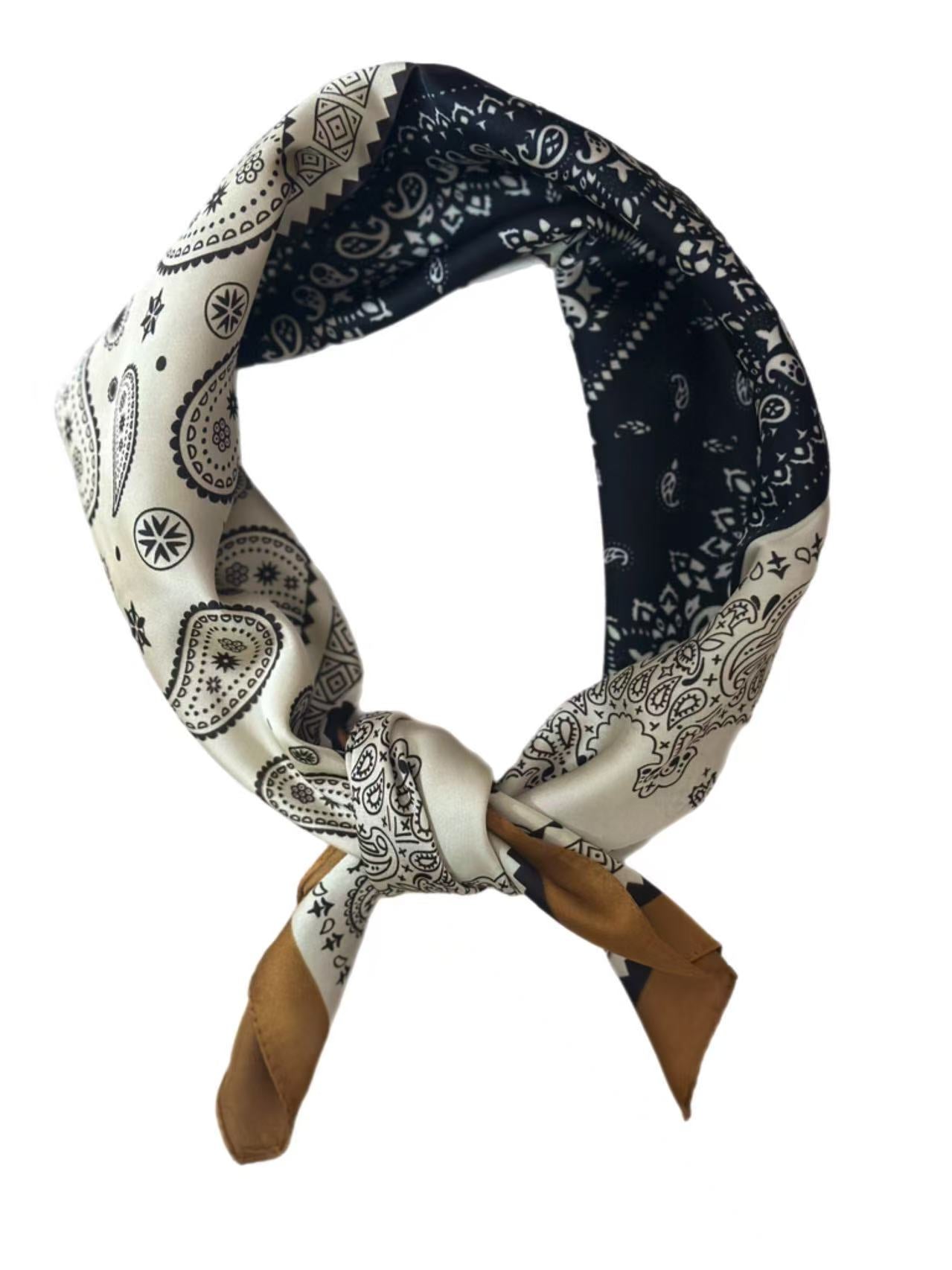 Patchwork Paisley and Floral Print Square Scarf in Navy and Beige