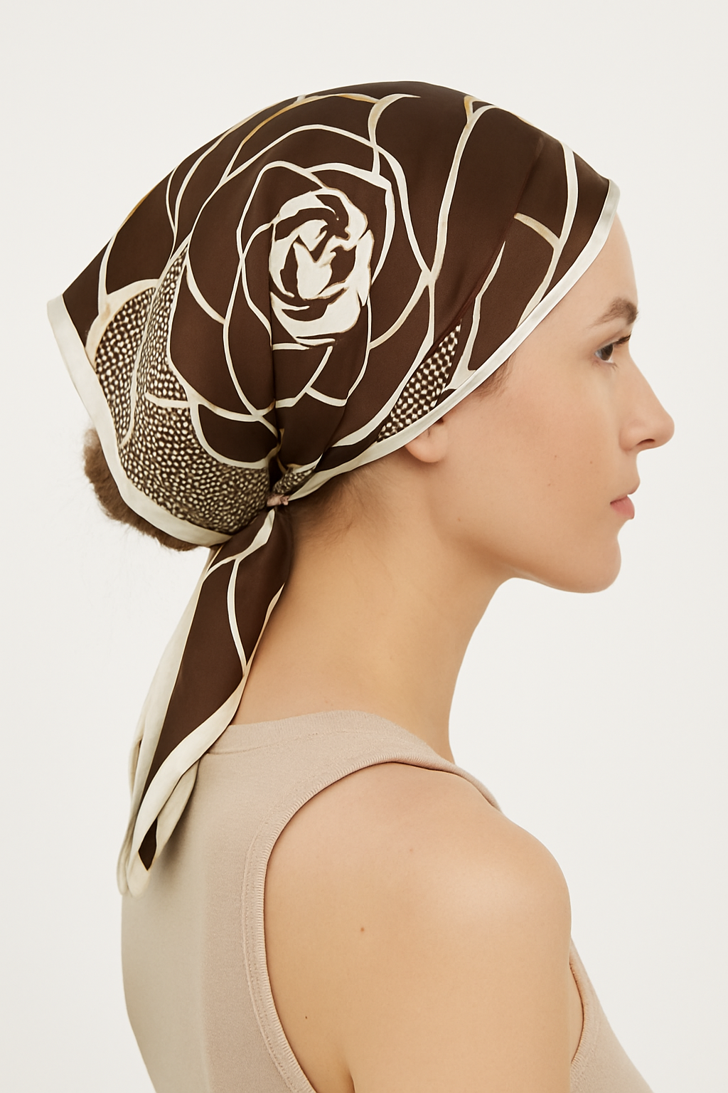 Bold Brown Rose Graphic Scarf with White Accents