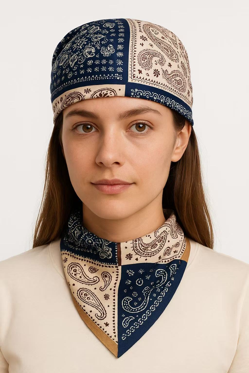 Patchwork Paisley and Floral Print Square Scarf in Navy and Beige