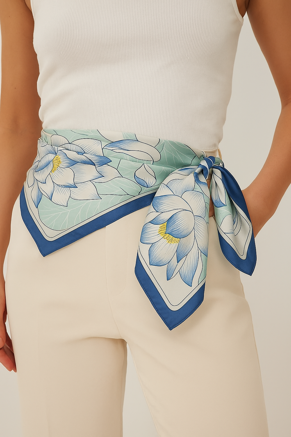 Elegant Blue and White Lotus Floral Scarf
