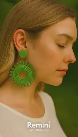 Green Colour Sun Raffia Statement Earrings